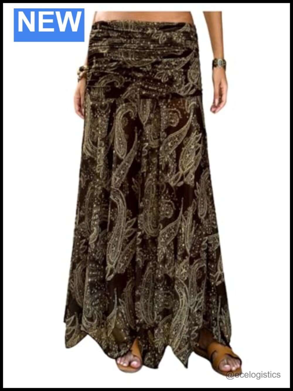 Boho Paisley Maxi Skirt High Waist Asymmetrical Ruffle Beach Vacation